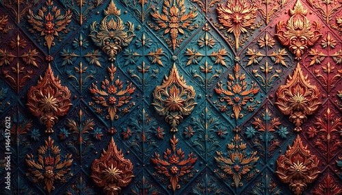 Geometric damask, angular lines & shapes, metallic sheen, design element, seamless, contemporary