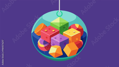 A playful arrangement of cubed fruits suspended in a sphere of gelatin complete with a tiny s for a unique tasting experience.. Vector illustration