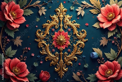 Intricate floral damask with rich gold accents, intricate, background