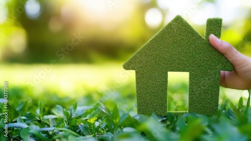 Hand holding green house model in grassy field with blurred background on a sunny day outdoors