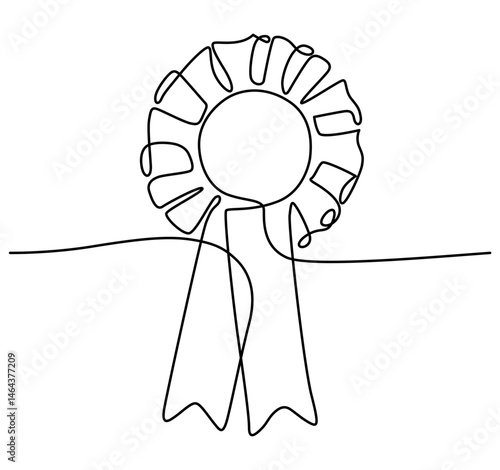 Prize rosette ribbon line art. Line drawing of award badge. EDITABLE stroke. Vector illustration isolated on transparent background.