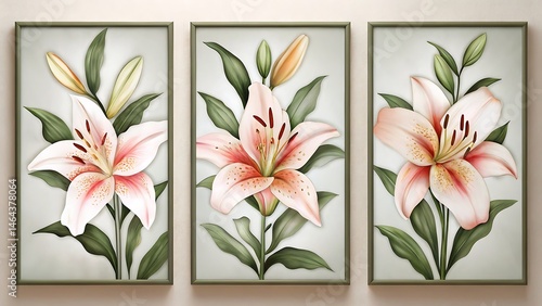Three framed pink lily flowers with green leaves adorn a pale background artistically