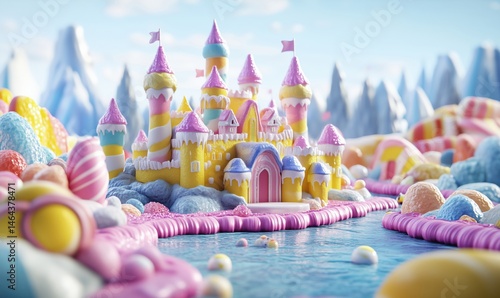 Colorful candy castle surrounded by sweet landscapes and whimsical mountains