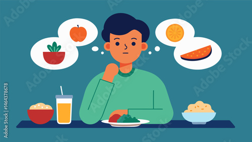 A person listening to their internal cues before during and after a meal instead of relying on external rules or restrictions.. Vector illustration