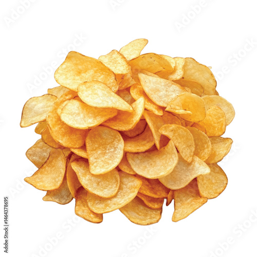 Crispy Potato Chips Pile: An appetizing image of a pile of golden, crunchy potato chips. Each chip is perfectly formed, ready for a satisfying crunch.