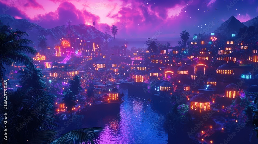 Obraz premium Vibrant, glowing city nestled amidst lush scenery at twilight.