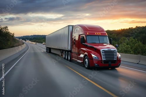 Red semi truck driving on highway at sunset with motion blur and dramatic sky in background