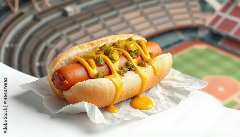 A Close Up View of Hot Dog with Mustard and Relish Toppings at Baseball Stadium on a White Paper