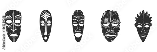 African Tribal Masks Silhouette Set. Cultural Heritage And Artistic Expression. Isolated Vector Illustration Collection