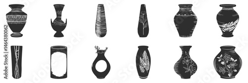 Decorative Vase Silhouette Set. Artistic Pottery Designs With Floral And Geometric Patterns Isolated Vector Illustration Collection