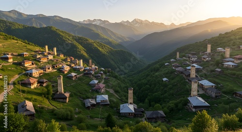Wallpaper Mural Mountain Village with Towers in Green Valley Torontodigital.ca