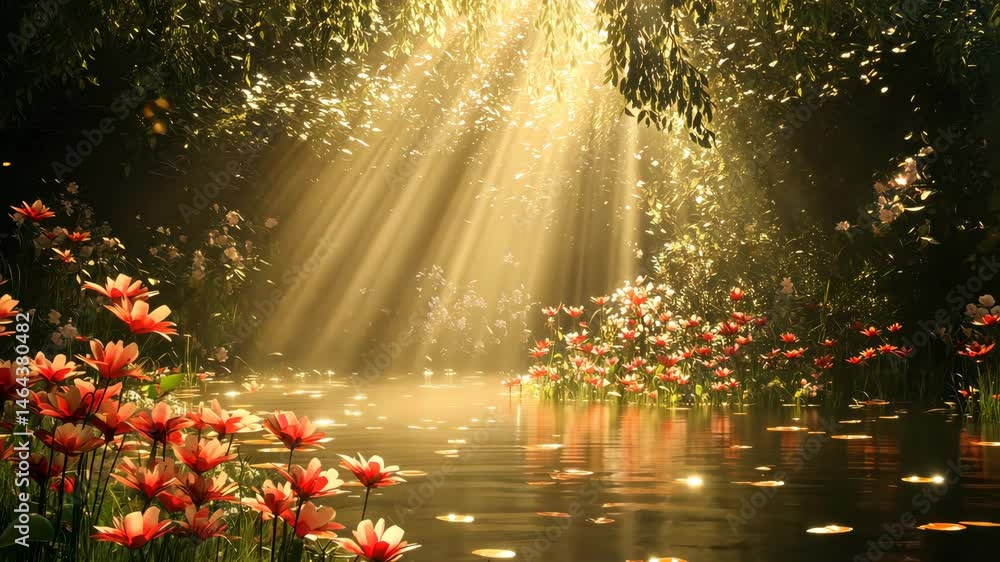 Sunbeams pierce lush forest canopy, illuminating tranquil stream & vibrant flowers Sunbeams pierce lush forest canopy, illuminating tranquil stream & vibrant flowers