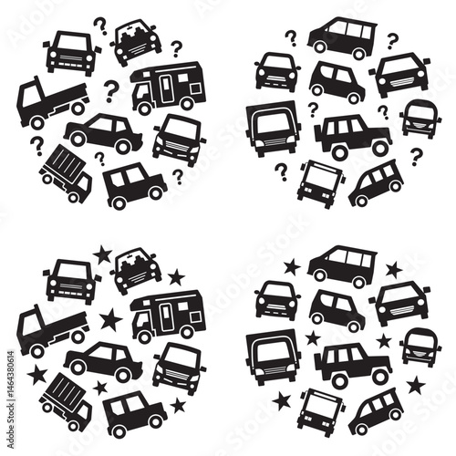 circle icon gallery of various car - silhouette medium size version - question mark and star
