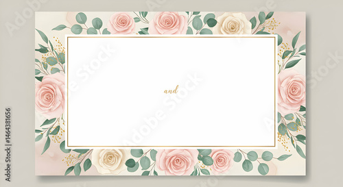 Floral frame with roses and green leaves