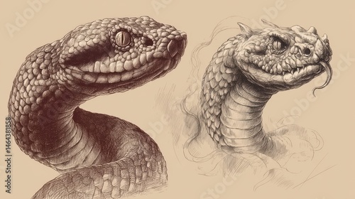 Wallpaper Mural Detailed comparison of a snake and a dragon-like creature in illustrative style. Torontodigital.ca