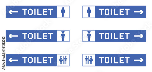 Set of blue and white toilet sign with male, female, and unisex icons and directional arrows. Public spaces, airports, malls, and restrooms, wayfinding, or facility layout design. Vector illustration.