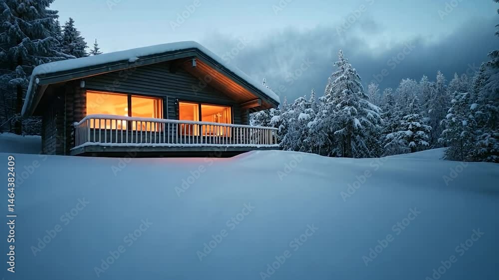 Cozy cabin nestled in a snowy forest at twilight. Warm interior lights glow invitingly against the winter landscape. Snow covers the ground and trees Cozy cabin nestled in a snowy forest at twilight. Warm interior lights glow invitingly against the winter landscape. Snow covers the ground and trees