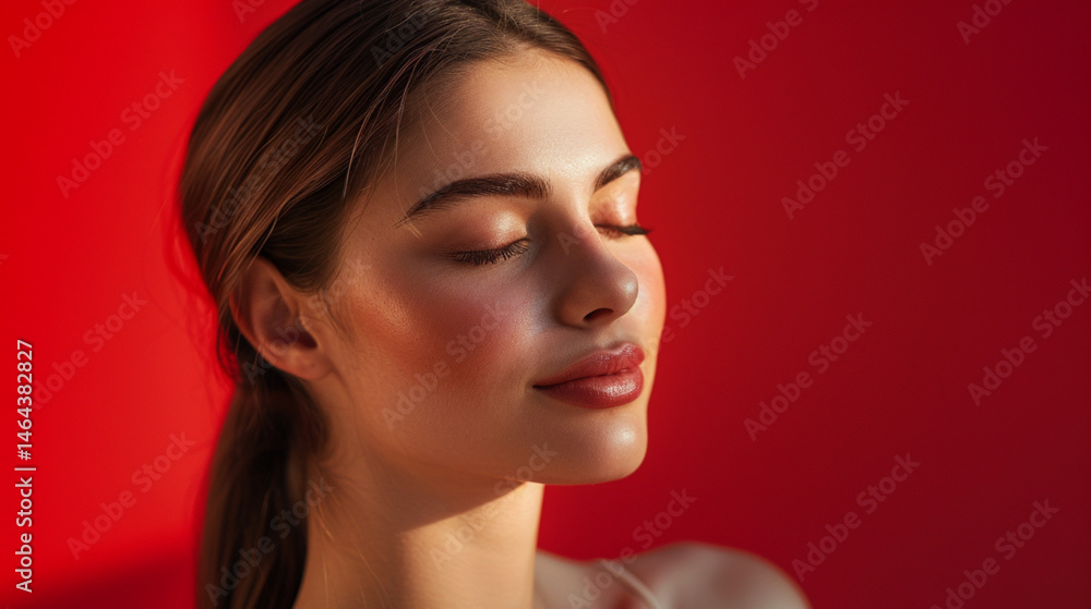 portrait of a beautiful woman with long brown hair tied back in a low ponytail, facing the camera frontally, eyes gently open, shoulders visible, smooth glowing skin, vivid red background