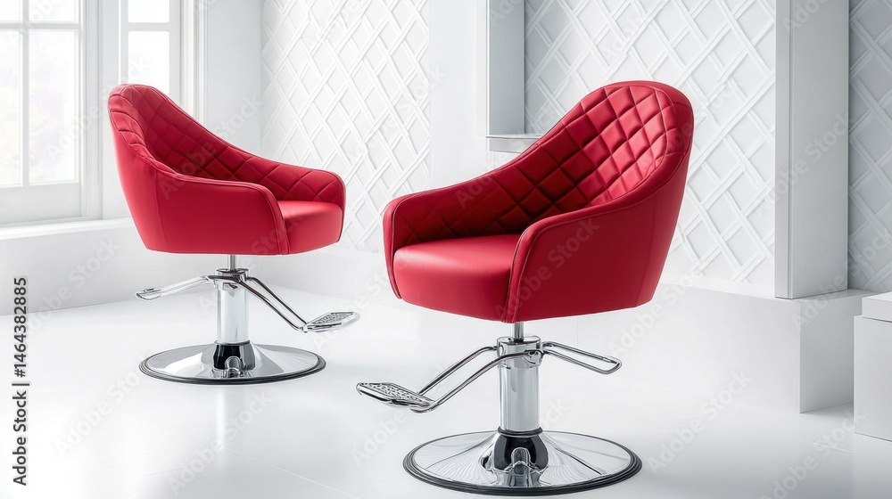 Obraz premium A vibrant red hair salon chair adding a bold accent to a neutral-toned salon interior with clean architectural details