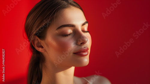 Obraz na płótnie portrait of a beautiful woman with long brown hair tied back in a low ponytail, facing the camera frontally, eyes gently open, shoulders visible, smooth glowing skin, vivid red background w salonie