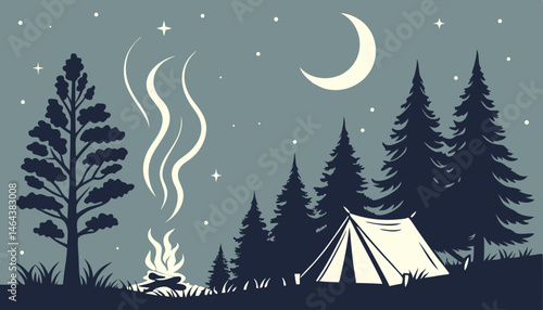 A stunning, professional-grade graphic design flat vector art featuring a serene nighttime forest scene, set against a backdrop of twinkling stars and a glowing moon. In the foreground, a crackling ca
