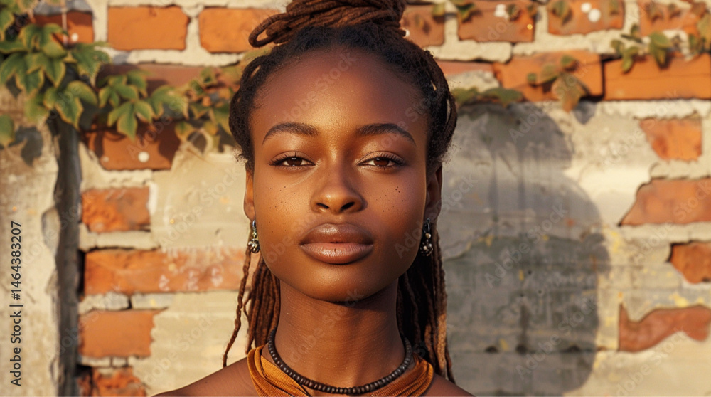 a beautiful African American woman, long brown locs tied in a ponytail, facing the camera, eyes gently squinting looking away, contemplative facial expression,casual collar top visible, beads neckalce