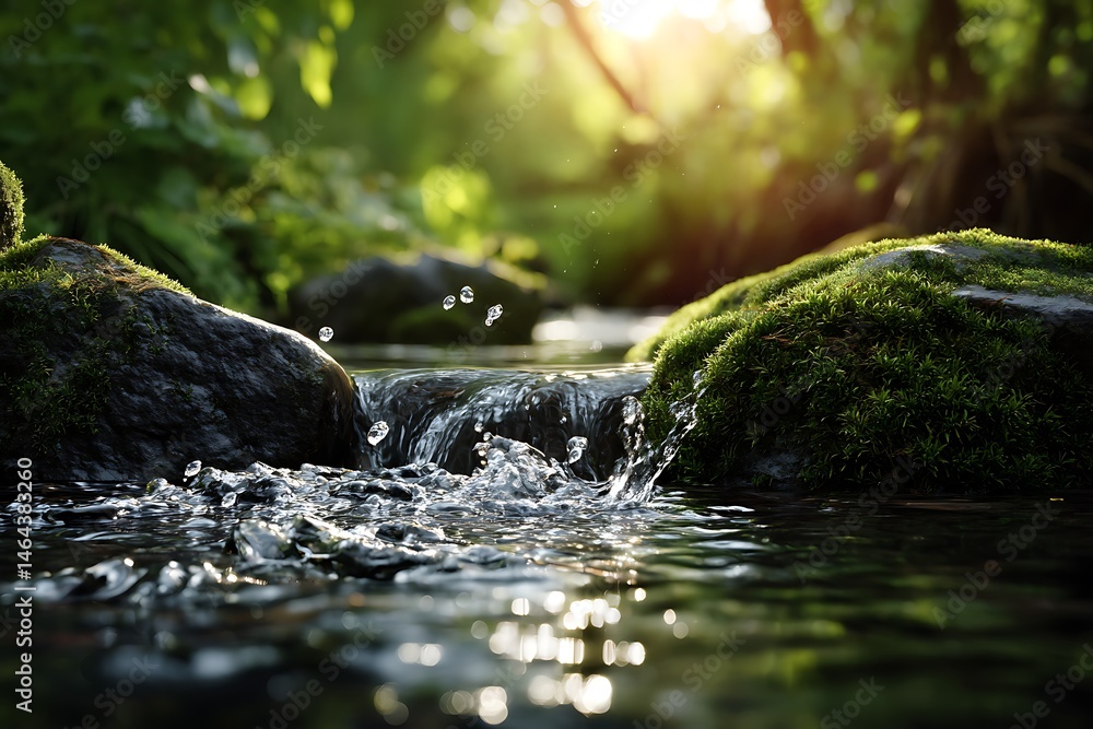 A close-up of sparkling water flowing over moss-covered rocks in the forest A close-up of sparkling water flowing over moss-covered rocks in the forest