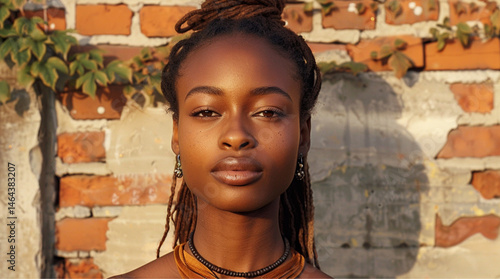 Obraz na płótnie a beautiful African American woman, long brown locs tied in a ponytail, facing the camera, eyes gently squinting looking away, contemplative facial expression,casual collar top visible, beads neckalce w salonie