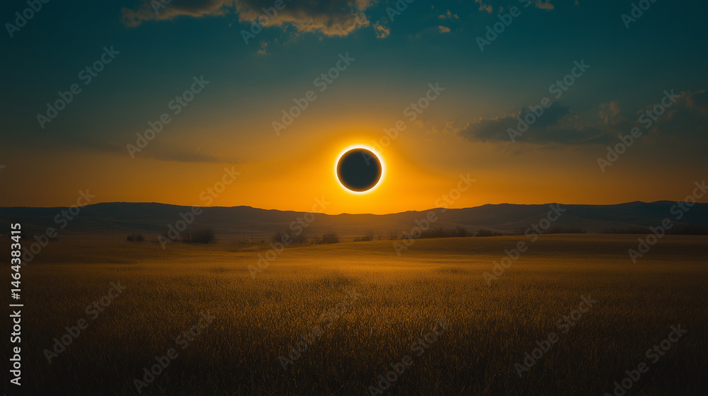 Fototapeta premium Sunrise with a glowing solar eclipse, symbolizing cosmic harmony and celestial wonder.