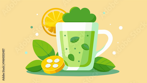 A cool refreshing cup of peppermint tea paired with fresh cucumber slices and hummus for a light and healthy snack.. Vector illustration