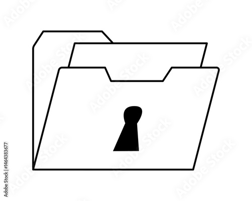 Hand drawn cute outline illustration of folder with documents. Flat vector file archive with keyhole line art doodle. Security system icon. Protection personal information. Privacy access. Isolated.