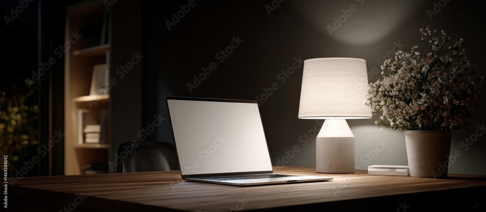 A modern workspace features an open laptop, a lit table lamp, and a vase of flowers on a wooden desk in a cozy, dimly lit room.