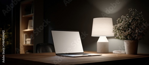 Obraz na płótnie A modern workspace features an open laptop, a lit table lamp, and a vase of flowers on a wooden desk in a cozy, dimly lit room. w salonie