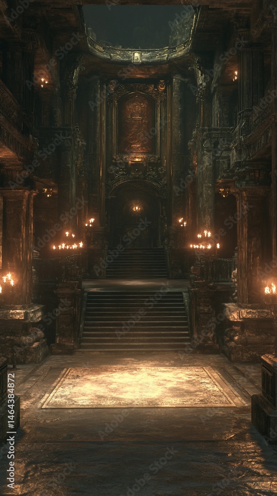 Naklejka premium Dark, grand hall with ornate architecture, dimly lit by candles. Vast stairway leads to elevated platform