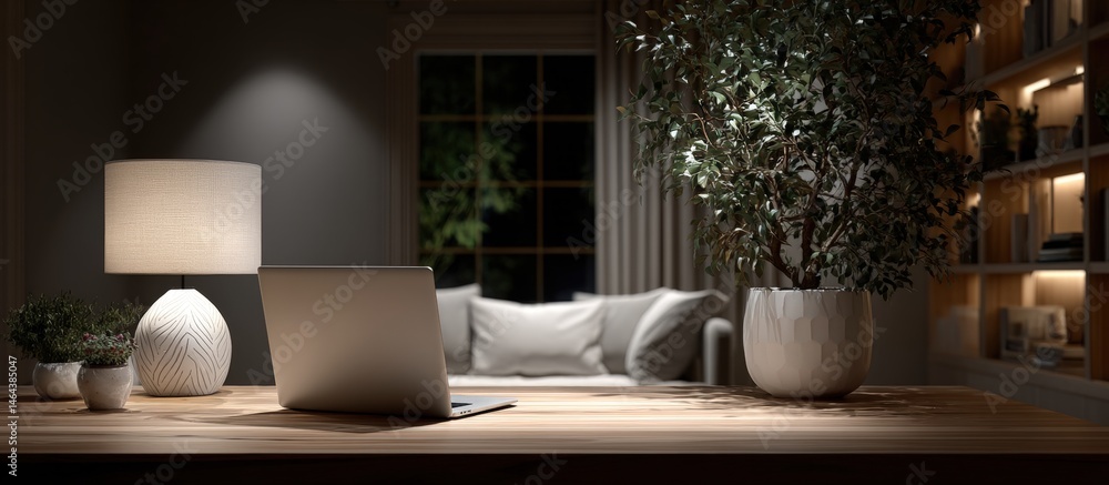 A modern, cozy home office with a laptop, table lamp, potted plants, and bookshelf, softly lit in the evening.