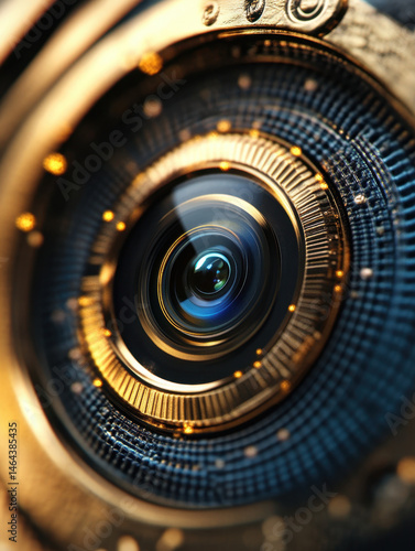 Close-up view of a high-tech professional digital camera lens with intricate details, metallic components, and lens elements for photography and imaging