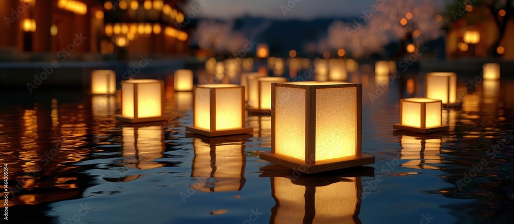 Floating lanterns illuminate a calm river at night, creating a peaceful and enchanting atmosphere during a cultural festival.
