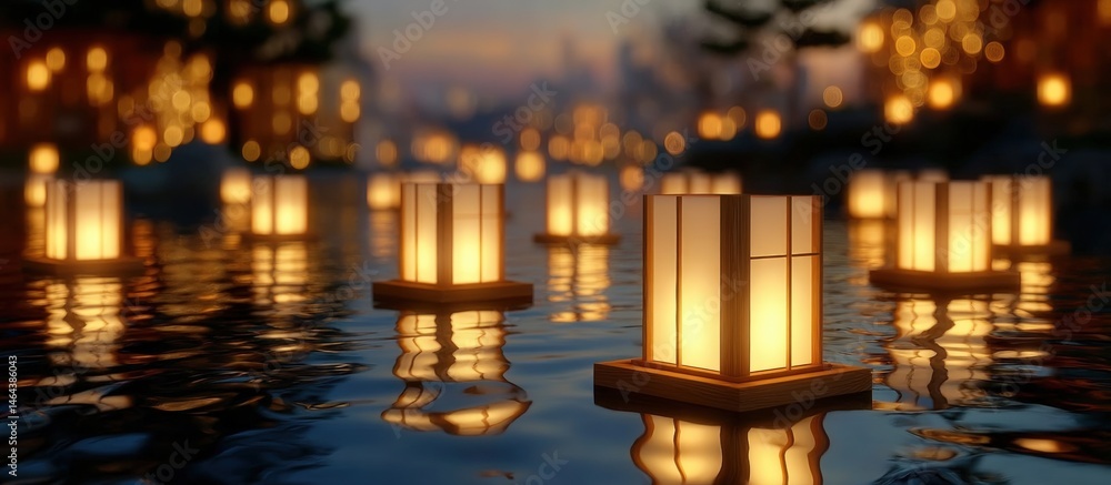 Glowing lanterns float peacefully on water at dusk, creating a serene and magical atmosphere with soft reflections and golden lights.
