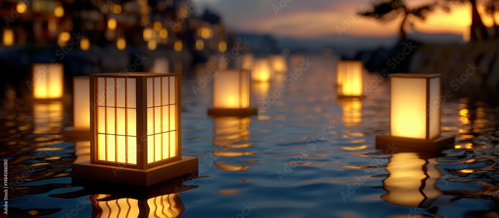 Floating lanterns glow on calm water at dusk, creating a peaceful and enchanting atmosphere.