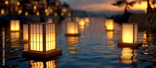 Obraz na płótnie Floating lanterns glow on calm water at dusk, creating a peaceful and enchanting atmosphere. w salonie