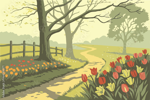 74 Vibrant tulip garden, wooden fence, winding path, watercolor painting style, spring landscape, colorful flowers, soft sunlight, pastoral scene, tranquil countryside, lush foliage, impressionistic b