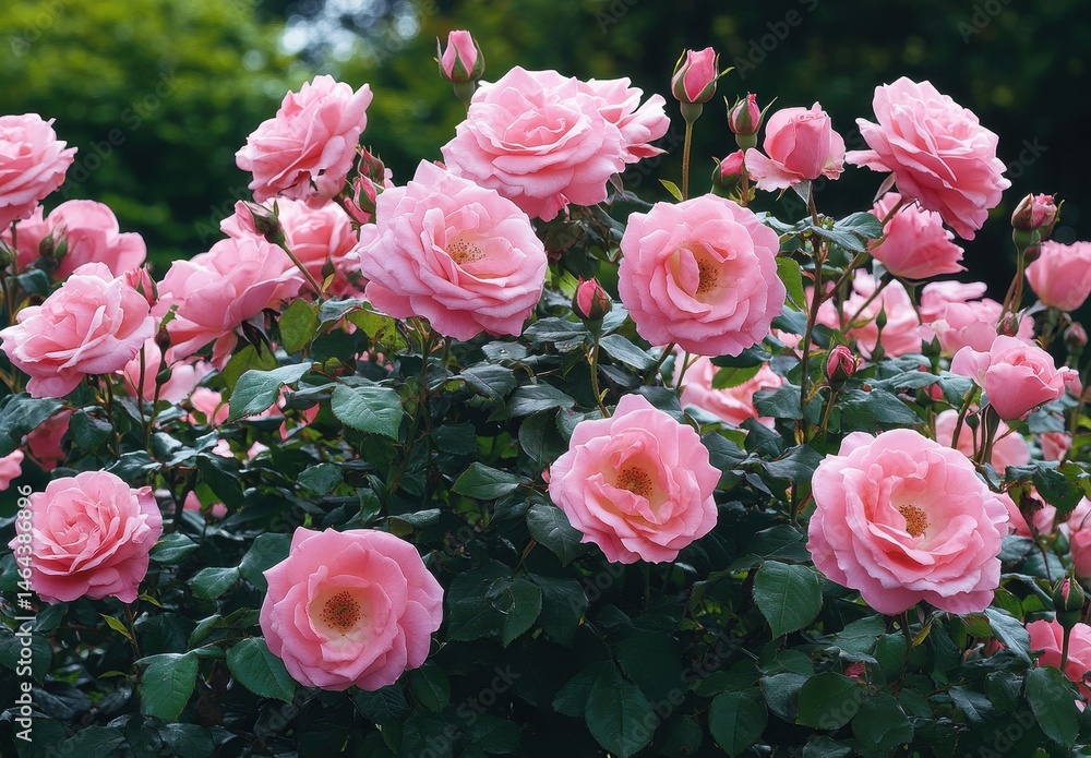 Fototapeta premium Beautiful blooming pink roses in a lush garden showcasing vibrant petals and green leaves, creating a serene and picturesque floral display for nature lovers