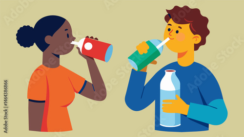 A person carrying a reusable water bottle and drinking plenty of water throughout the day in contrast to a person drinking multiple cans of soda.. Vector illustration