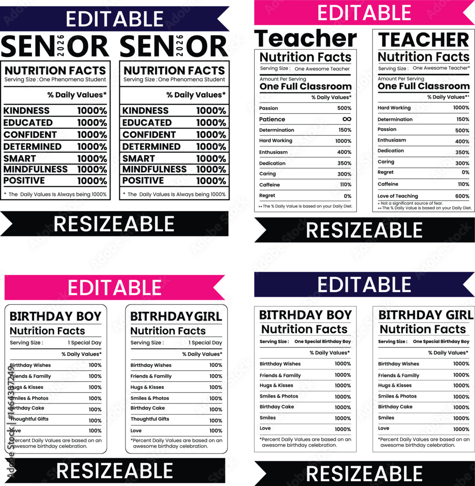 Fototapeta premium Senior 2026, Graduate Facts, Graduate Nutrition Facts, Senior nutrition facts, teacher Nutrition Facts, birthday boy nutrition Facts, birthday girl nutrition Facts