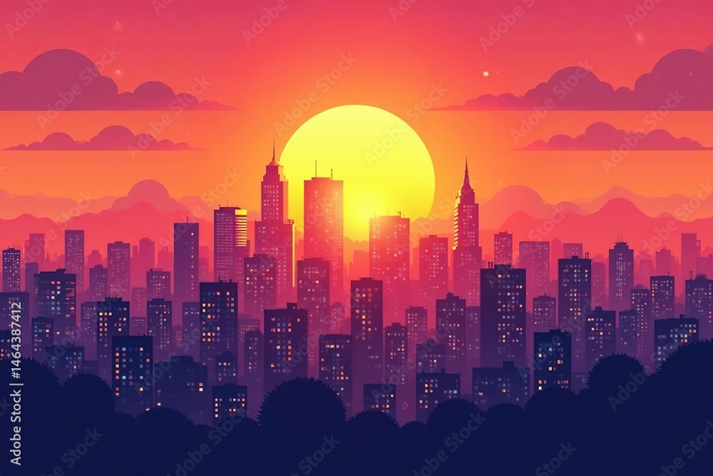 Fototapeta premium Sunrise over stylized eastern city skyline, vibrant colors, element, abstract, sky
