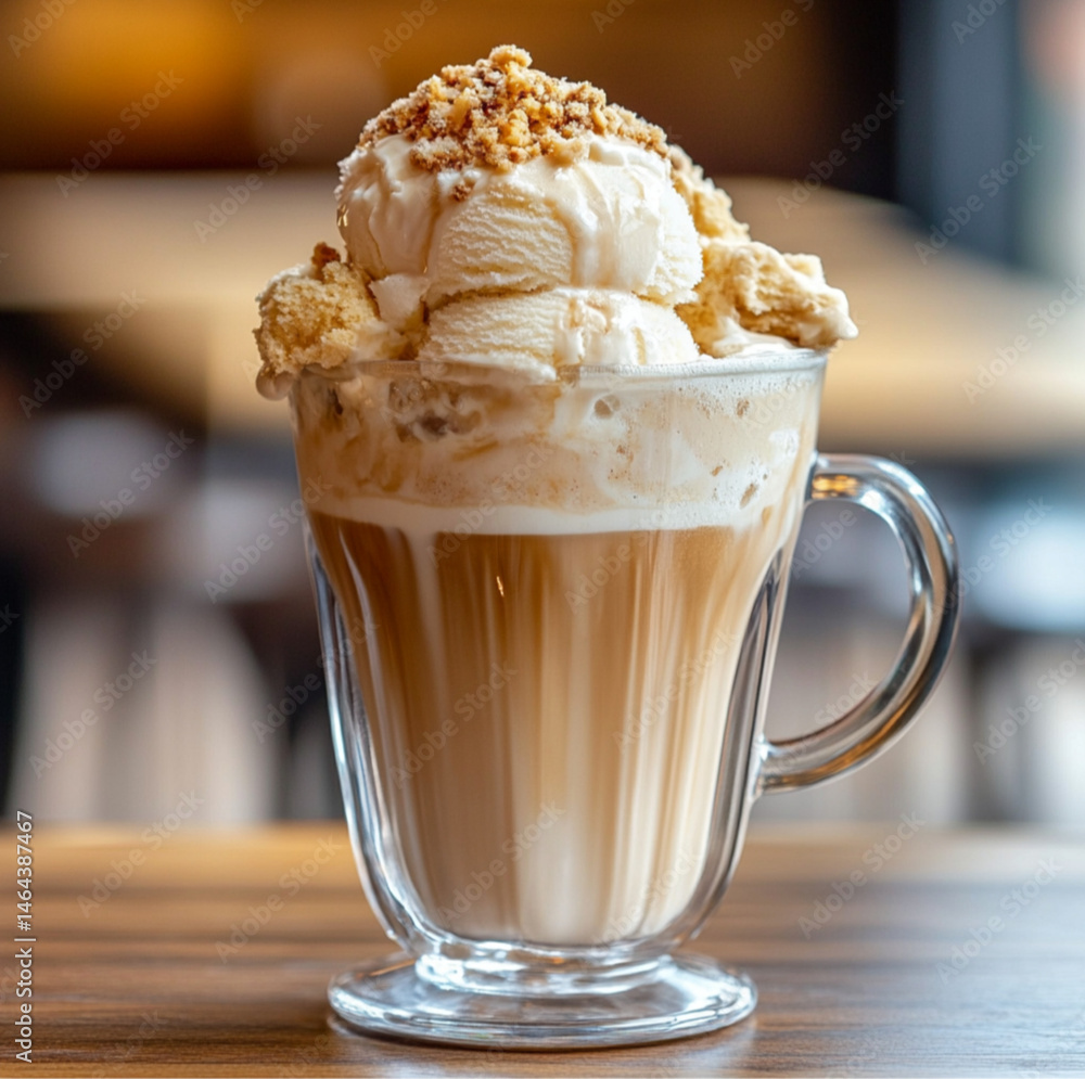 glass of coffee with soft ice cream coffee in a transparent glass cup, topped with whipped cream and dripping caramel sauce, studio lighting