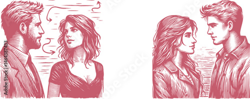  pink Engraving Designs Featuring a Loving Couple – One Partner Gazing Fondly at the Other – Romantic Line Art for Gifts, Wall Decor, or Tattoos – Intimate Emotional Connection Theme
