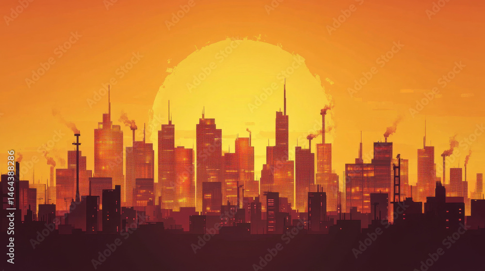 Fototapeta premium Vibrant Sunset Over Modern City Skyline with Tall Skyscrapers and Bright Orange Sky Creating Dramatic Urban Landscape Scene