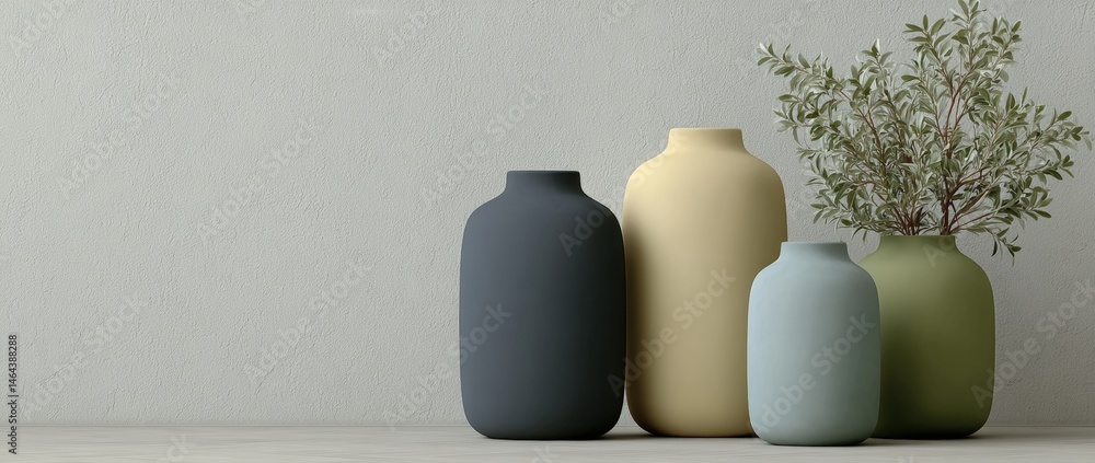 Four minimalist ceramic vases in muted colors, one with green foliage, are arranged against a light textured wall.