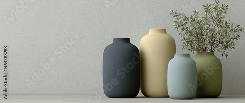 Obraz na płótnie Four minimalist ceramic vases in muted colors, one with green foliage, are arranged against a light textured wall. w salonie